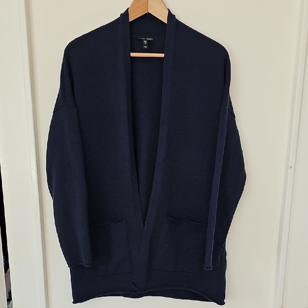 Eileen Fischer Women's Navy Open-Front Knit Cotton Blend Cardigan Sweater
